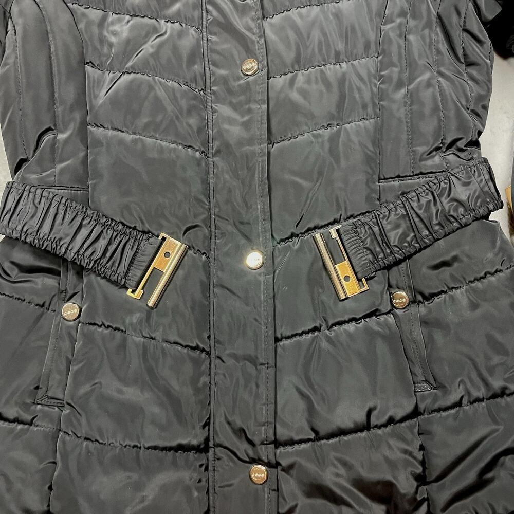 Bebe Long Black Puffer Coat Belted Gold Accents Womens L Double Zipper Hooded - Picture 11 of 16
